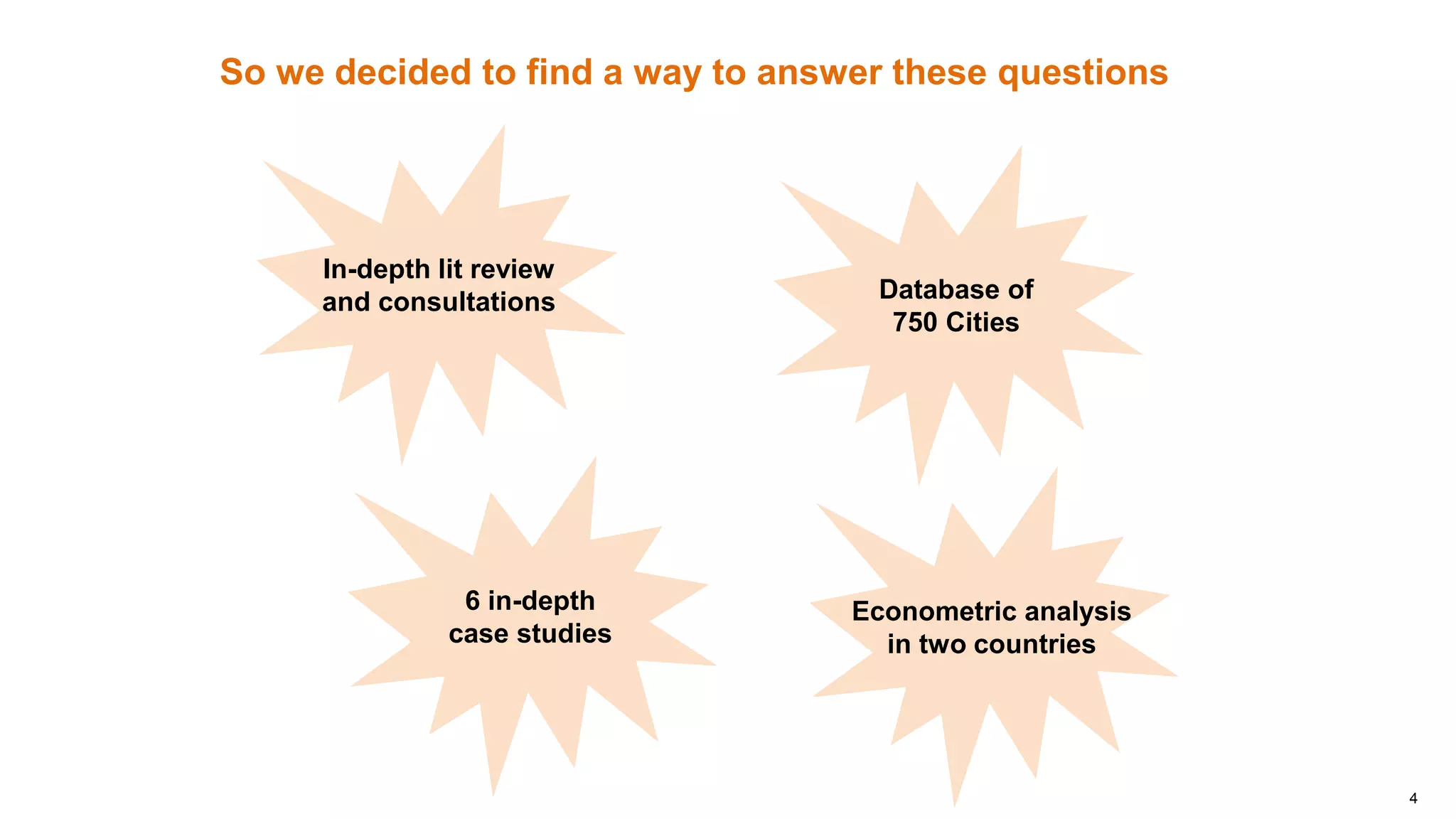 4
So we decided to find a way to answer these questions
In-depth lit review
and consultations Database of
750 Cities
6 in-depth
case studies
Econometric analysis
in two countries
 