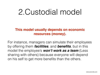 2.Custodial model
This model usually depends on economic
resources (money).
For instance, managers can simulate their employees
by offering them facilities, and beneﬁts, but in this
model the employee’s won’t work as a team (Less
sharing with others) because everyone will depend
on his self to get more beneﬁts than the others.
www.aravindts.com
 