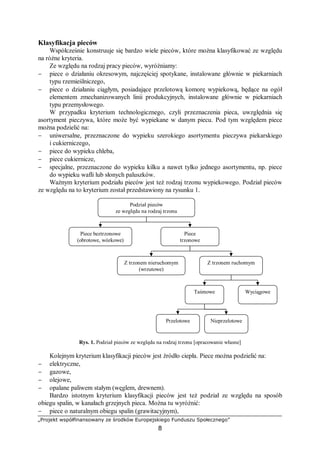 „Projekt współfinansowany ze środków Europejskiego Funduszu Społecznego”
8
Klasyfikacja pieców
Współcześnie konstruuje się bardzo wiele pieców, które można klasyfikować ze względu
na różne kryteria.
Ze względu na rodzaj pracy pieców, wyróżniamy:
− piece o działaniu okresowym, najczęściej spotykane, instalowane głównie w piekarniach
typu rzemieślniczego,
− piece o działaniu ciągłym, posiadające przelotową komorę wypiekową, będące na ogół
elementem zmechanizowanych linii produkcyjnych, instalowane głównie w piekarniach
typu przemysłowego.
W przypadku kryterium technologicznego, czyli przeznaczenia pieca, uwzględnia się
asortyment pieczywa, które może być wypiekane w danym piecu. Pod tym względem piece
można podzielić na:
− uniwersalne, przeznaczone do wypieku szerokiego asortymentu pieczywa piekarskiego
i cukierniczego,
− piece do wypieku chleba,
− piece cukiernicze,
− specjalne, przeznaczone do wypieku kilku a nawet tylko jednego asortymentu, np. piece
do wypieku wafli lub słonych paluszków.
Ważnym kryterium podziału pieców jest też rodzaj trzonu wypiekowego. Podział pieców
ze względu na to kryterium został przedstawiony na rysunku 1.
Rys. 1. Podział pieców ze względu na rodzaj trzonu [opracowanie własne]
Kolejnym kryterium klasyfikacji pieców jest źródło ciepła. Piece można podzielić na:
− elektryczne,
− gazowe,
− olejowe,
− opalane paliwem stałym (węglem, drewnem).
Bardzo istotnym kryterium klasyfikacji pieców jest też podział ze względu na sposób
obiegu spalin, w kanałach grzejnych pieca. Można tu wyróżnić:
− piece o naturalnym obiegu spalin (grawitacyjnym),
Podział pieców
ze względu na rodzaj trzonu
Piece beztrzonowe
(obrotowe, wózkowe)
Piece
trzonowe
Z trzonem ruchomymZ trzonem nieruchomym
(wrzutowe)
Taśmowe Wyciągowe
Przelotowe Nieprzelotowe
 