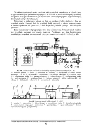 „Projekt współfinansowany ze środków Europejskiego Funduszu Społecznego”
40
W zakładach mniejszych wykorzystuje się także proste linie produkcyjne, w których ciasto
przygotowywane jest systemem tradycyjnym – w dzieżach, a proces automatyzacji produkcji
zaczyna się na etapie obróbki ciasta, po dostarczeniu ciasta (często poprzez lej pośredniczący)
do urządzeń dzieląco-kształtujących.
Najczęściej w piekarniach ustawia się linie do produkcji bułek drobnych i linie do
produkcji chleba. Przykład linii do produkcji bułek drobnych z ciasta przygotowanego
w dzieżach pokazano na rysunku 41, a linii do produkcji chleba żytniego i mieszanego na
rysunku 42.
Linie produkcyjne występują też jako tzw. linie kombinowane. W takich liniach możliwa
jest produkcja szerszego asortymentu pieczywa. Przykładem jest linia kombinowana,
umożliwiająca produkcję bułek drobnych i pieczywa pszennego o masie 0,2÷0,5kg (rys. 43).
Rys. 40. Zestaw maszyn i urządzeń do odroczonego wypieku podpieczonych kęsów [3, s. 35]
1 – miesiarka spiralna, 2 – dzieże, 3 – wywrotnica, 4 – dzielarka, 5 – zaokrąglarka, 6 – komora rozrostu
wstępnego, 7, 10, 19, 20 – przenośniki, 8 – wydłużarka, 9 – urządzenie nakładające, 11 – magazyn kęsów,
12 – załadowywacz wózka, 13 – komora rozrostowa, 14 – piece obrotowe, 15 – rozładowywacz wózka,
16 – tunel zamrażania, 17 – rozładunek blach, 18 – kolumny suszące, 21 – tablica rozdzielcza, 22 – stół
roboczy, 23 – dzielarka, 24 – wałkowarki, 25 – wywrotnica, 26 – pakowarka
Rys. 41. Linia do produkcji bułek drobnych [9, s. 119]
1 – dzieża, 2 – wywrotnica, 3 – lej przyjmujący z przenośnikiem ciasta, 4 – dzielarko-zaokrąglarka,
5 – komora rozrostu wstępnego, 6 – znakownica, 7 – aparat podający, 8 – aparat nakładający, 9 – komora
rozrostu końcowego, 10 – piec przelotowy
 