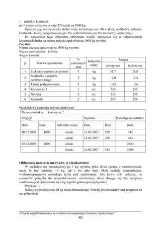 „Projekt współfinansowany ze środków Europejskiego Funduszu Społecznego”
40
− nalepki i kontrolki:
po 1 sztuce na karton, a więc 250 sztuk na 1000 kg.
Opracowując normę należy dodać straty technologiczne: dla etykiet, podkładek, nalepek,
kontrolek i taśmy podgumowanej po 3%, a dla kartonów po 1% dla normy technicznej).
Po wykonaniu tego obliczenia otrzymane wyniki umieszcza się w odpowiednich
kolumnach druku na normę zużycia opakowań na 1000 kg wyrobu.
Przykład
Norma zużycia opakowań na 1000 kg wyrobu
Nazwa asortymentu: krówka
4 kg w kartonie
Norma
.p. Nazwa opakowania
%
założonych
strat
Jednostka
miary teoretyczna techniczna
1 Etykieta z papieru do pisania 3 kg 35,7 26,8
2
Podkładka z papieru
parafinowanego
3 kg 12,0 12,4
3 Taśma podgumowana 3 kg 1,62 1,66
4 Kartony nr 2 1 szt. 250 253
5 Nalepki 3 szt. 250 258
6 Kontrolki 3 szt. 250 258
Przykładowa kartoteka zużycia opakowań:
Nazwa produktu: kartony nr 2
Przyjęto Wydano Pozostaje na składzie
Data Ilość Jednostka miary Data Ilość Ilość
10.02.2007 1000 sztuki 12.02.2007 258 742
sztuki 14.02.2007 258 484
15.02.2007 2000 sztuki 2484
Sztuki 16.02.2007 484 2000
Obliczanie namiaru surowców w ciastkarstwie
W zakładzie nie produkujemy po 1 kg wyrobu, tylko ilości zgodne z zamówieniami,
może to być zarówno 10 kg, jak i sto albo pięć. Małe zakłady rzemieślnicze,
wieloasortymentowe produkują ściśle pod zamówienia. Aby łatwo było policzyć, ile
surowców potrzeba do wyprodukowanie zamówionej ilości danego wyrobu receptura
ciastkarska jest opracowana na 1 kg wyrobu gotowego (wydajność).
Przykład 1:
Należy wyprodukować 20 kg ciasta francuskiego. Poniżej jest przedstawiona receptura na
ten półprodukt:
 