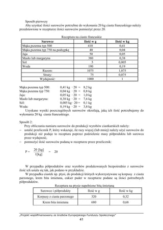 „Projekt współfinansowany ze środków Europejskiego Funduszu Społecznego”
41
Sposób pierwszy
Aby uzyskać ilości surowców potrzebne do wykonania 20 kg ciasta francuskiego należy
przedstawione w recepturze ilości surowców pomnożyć przez 20.
Receptura na ciasto francuskie
Surowce Ilość w g Ilość w kg
Mąka pszenna typ 500 410 0,41
Mąka pszenna typ 750 na podsypkę 40 0,04
Jaja 50 0,05
Masło lub margaryna 380 0,38
Sól 5 0,005
Woda 190 0,19
Razem: 1075 1,075
Straty: 75 0,075
Wydajność: 1000 1
Mąka pszenna typ 500: 0,41 kg · 20 = 8,2 kg
Mąka pszenna typ 750: 0,04 kg · 20 = 0,8 kg
Jaja: 0,05 kg · 20 = 1,0 kg
Masło lub margaryna: 0,38 kg · 20 = 7,6 kg
Sól: 0,005 kg · 20 = 0,1 kg
Woda: 0,19 kg · 20 = 3,8 kg
Uzyskane wyniki poszczególnych surowców określają, jaką ich ilość potrzebujemy do
wykonania 20 kg ciasta francuskiego.
Sposób 2:
Przy obliczaniu namiaru surowców do produkcji wyrobów ciastkarskich należy:
− ustalić przelicznik P, który wskazuje, ile razy więcej (lub mniej) należy użyć surowców do
produkcji niż podaje to receptura poprzez podzielenie masy półproduktu lub surowca
przez wydajność,
− pomnożyć ilość surowców podaną w recepturze przez przelicznik:
P =
[kg]1
[kg]20
= 20
W przypadku półproduktów oraz wyrobów produkowanych bezpośrednio z surowców
ilość ich ustala się tak, jak podano w przykładzie.
W przypadku ciastek np. ptysi, do produkcji których wykorzystywane są korpusy z ciasta
parzonego, krem bita śmietana, cukier puder w recepturze podane są ilości potrzebnych
półproduktów.
Receptura na ptysie napełnione bitą śmietaną
Surowce i półprodukty Ilość w g Ilość w kg
Korpusy z ciasta parzonego 320 0,32
Krem bita śmietana 680 0,68
 