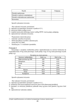 „Projekt współfinansowany ze środków Europejskiego Funduszu Społecznego”
44
Sposób wykonania ćwiczenia
Aby wykonać ćwiczenie, powinieneś:
1) zapoznać się materiałem zawartym w punkcie 4.3.1,
2) narysować tabelę według wzoru,
3) wypełnić puste pola dobierając numer według SWW i nazwę grupy, podgrupy,
4) zaprezentować wykonane ćwiczenie.
Wyposażenie stanowiska pracy:
− materiały i przybory do pisania,
− tabelę klasyfikacji wyrobów cukierniczych,
− normę PN-75/A-8801,
− literaturę poz. 5 z rozdziału 6 poradnika.
Ćwiczenie 2
Korzystając z receptury ciastkarskiej policz zapotrzebowanie na surowce konieczne do
wyprodukowania 10 kg ciasta parzonego, wynik podaj w kg), 0,5 kg ciasta parzonego (wynik
podaj w g).
Receptura na ciasto parzone
Surowce i półprodukty Ilość w g Ilość w kg
Mąka pszenna typ 500 450 0,45
Margaryna 220 0,22
Woda 540 0,54
Jaja 800 0,80
Sól 5 0,05
Razem 2015 2,015
Straty 1015 1,015
Wydajność 1000 1,000
Sposób wykonania ćwiczenia
Aby wykonać ćwiczenie, powinieneś:
1) zapoznać się materiałem zawartym w punkcie 4.3.1,
2) pomnożyć ilość poszczególnych surowców przez ilość planowanej produkcji,
3) pamiętać, że mnożymy jednakowe jednostki masy (g przez ilość gramów, kg przez ilość
kg),
4) zaprezentować wykonane zadanie.
Wyrób Grupa Podgrupa
Pierniki nadziewane
Pierniki w polewie czekoladowej
Pierniki czekoladowane nadziewane
Kuwertura
 