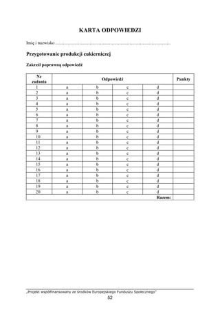 „Projekt współfinansowany ze środków Europejskiego Funduszu Społecznego”
52
KARTA ODPOWIEDZI
Imię i nazwisko ……………………………………………………………………
Przygotowanie produkcji cukierniczej
Zakreśl poprawną odpowiedź
Nr
zadania
Odpowiedź Punkty
1 a b c d
2 a b c d
3 a b c d
4 a b c d
5 a b c d
6 a b c d
7 a b c d
8 a b c d
9 a b c d
10 a b c d
11 a b c d
12 a b c d
13 a b c d
14 a b c d
15 a b c d
16 a b c d
17 a b c d
18 a b c d
19 a b c d
20 a b c d
Razem:
 