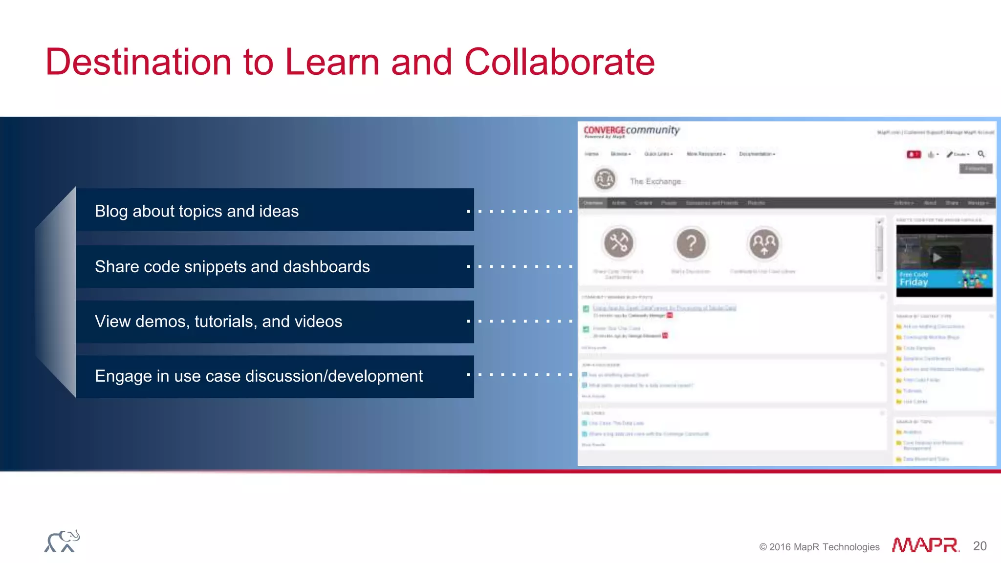 © 2016 MapR Technologies 20
Destination to Learn and Collaborate
Blog about topics and ideas
Share code snippets and dashboards
View demos, tutorials, and videos
Engage in use case discussion/development
 