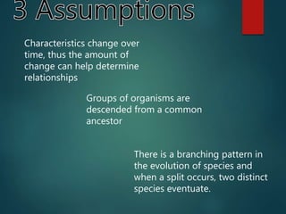 Characteristics change over
time, thus the amount of
change can help determine
relationships
Groups of organisms are
descended from a common
ancestor
There is a branching pattern in
the evolution of species and
when a split occurs, two distinct
species eventuate.
 