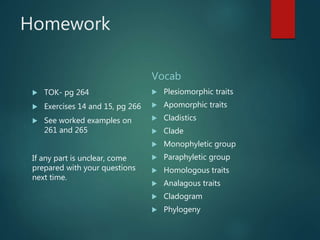 Homework
 TOK- pg 264
 Exercises 14 and 15, pg 266
 See worked examples on
261 and 265
If any part is unclear, come
prepared with your questions
next time.
Vocab
 Plesiomorphic traits
 Apomorphic traits
 Cladistics
 Clade
 Monophyletic group
 Paraphyletic group
 Homologous traits
 Analagous traits
 Cladogram
 Phylogeny
 