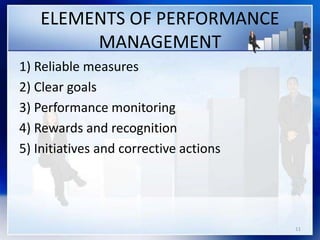 ELEMENTS OF PERFORMANCE
MANAGEMENT
1) Reliable measures
2) Clear goals
3) Performance monitoring
4) Rewards and recognition
5) Initiatives and corrective actions
11
 