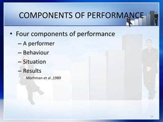 COMPONENTS OF PERFORMANCE
• Four components of performance
– A performer
– Behaviour
– Situation
– Results
Morhman et al ,1989
12
 