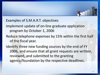 Examples of S.M.A.R.T. objectives
Implement update of on-line graduate application
program by October 1, 2006
Reduce telephone expenses by 15% within the first half
of the fiscal year.
Identify three new funding sources by the end of FY
2006, and ensure that all grant requests are written,
reviewed, and submitted to the granting
agency/foundation by the respective deadlines.
20
 