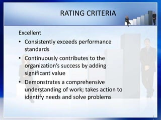 2
RATING CRITERIA
Excellent
• Consistently exceeds performance
standards
• Continuously contributes to the
organization’s success by adding
significant value
• Demonstrates a comprehensive
understanding of work; takes action to
identify needs and solve problems
 