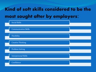 Kind of soft skills considered to be the
most sought after by employers:
Social Skills
Communication Skills
Flexibility
Creative Thinking
Problem Solving
Interpersonal Skills
Confidence
 