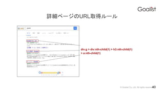 ? Goalist Co.,Ltd. All rights reserved.
Ԕک`URLȡå`
40
div.g > div:nth-child(1) > h3:nth-child(1)
> a:nth-child(1)
 