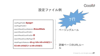 ? Goalist Co.,Ltd. All rights reserved.
nextPagePreStr=&page=
nextPagePostStr=
searchResultCountSelector=#resultStats
searchResultCountPreStr=
searchResultCountPostStr=
searchResultCountByPage=3
detailPageUrlSelector=div.g >div:nth-child(1) >
h3:nth-child(1) > a:nth-child(1)
41
ک`󥰥`
Ԕک`URL`

Oե
 