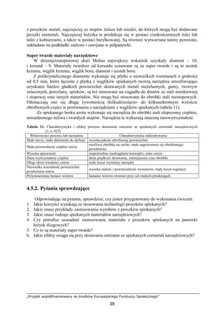 „Projekt współfinansowany ze środków Europejskiego Funduszu Społecznego”
39
z proszków metali, najczęściej ze stopów Ŝelaza lub miedzi, do których mogą być dodawane
proszki niemetali. Najczęściej łoŜyska te produkuje się w postaci cienkościennych tulei lub
tulei z kołnierzami, a takŜe w postaci baryłkowatej. Są równieŜ wytwarzane taśmy porowate,
nakładane na podkładki stalowe i zawijane w półpanewki.
Super twarde materiały narzędziowe
W dziesięciostopniowej skali Mohsa największy wskaźnik uzyskały diament – 10,
i korund – 9. Materiały twardsze od korundu uznawane są za super twarde i są to azotek
krzemu, węglik krzemu, węglik boru, diament i azotek boru.
Z polikrystalicznego diamentu wykonuje się płytki o niewielkich rozmiarach o grubości
od 0,5 mm, które łączone z płytką z węglików spiekanych tworzą narzędzia umoŜliwiające
uzyskanie bardzo gładkich powierzchni skrawanych metali nieŜelaznych, gumy, tworzyw
sztucznych, porcelany, spieków, są teŜ stosowane na ciągadła do drutów ze stali nierdzewnej
i stopowej oraz innych materiałów. Nie mogą być stosowane do obróbki stali niestopowych.
Odznaczają one się długą Ŝywotnością (kilkudziesięcio- do kilkusetkrotnym wzroście
obrobionych części w porównaniu z narzędziami z węglików spiekanych (tabela 11).
Ze spiekanego borku azotu wykonuje się narzędzia do obróbki stali ulepszonej cieplnie,
utwardzonego Ŝeliwa i twardych stopów. Narzędzia te wykazują znaczną Ŝarowytrzymałość.
Tabela 11. Charakterystyka i efekty procesu skrawania ostrzami ze spiekanych cermetali narzędziowych
[1, s. 925]
Właściwości procesu lub narzędzia Charakterystyka oddziaływania
Małe tarcie, mała skłonność do dyfuzji wysoka jakość obrobionej powierzchni
Mała przewodność cieplna ostrza
moŜliwa obróbka na sucho, małe nagrzewanie się obrabianego
przedmiotu
Wysoka sprawność niepotrzebne zaokrąglanie krawędzi, ostre ostrze
DuŜa wytrzymałość cieplna duŜa prędkość skrawania, zmniejszony czas obróbki
Długi okres trwałości ostrza niski koszt wymiany narzędzi
Niewielka ścieralność powierzchni
przyłoŜenia ostrza
wysoka stałość i powtarzalność wymiarów, mały koszt regulacji
Przystosowany łamacz wiórów łamanie wiórów równieŜ przy ich małych przekrojach
4.5.2. Pytania sprawdzające
Odpowiadając na pytania, sprawdzisz, czy jesteś przygotowany do wykonania ćwiczeń.
1. Jakie korzyści wynikają ze stosowania technologii proszków spiekanych?
2. Jakie znasz przykłady zastosowania wyrobów z proszków spiekanych?
3. Jakie znasz rodzaje spiekanych materiałów narzędziowych?
4. Czy potrafisz uzasadnić zastosowanie materiału z proszków spiekanych na panewki
łoŜysk ślizgowych?
5. Co to są materiały super twarde?
6. Jakie efekty osiąga się przy skrawaniu ostrzami ze spiekanych cermetali narzędziowych?
 