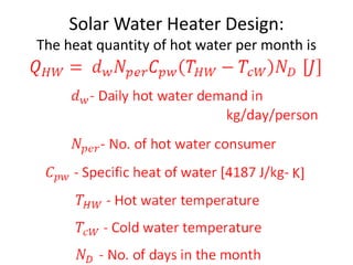 Solar Water Heater Design:
The heat quantity of hot water per month is
 