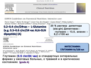 0.2–0.40.2–0.4 гг//кгкг//24час –24час – L-L-GlutamineGlutamine
((e.g. 0.3–0.6e.g. 0.3–0.6 гг//кгкг//24 час24 час ALAALA--GLNGLN
dipeptide)dipeptide) ((AA))
Глутамин ((0.50.5 гг//кгкг//24 час24 час)) в стандартных энтеральных
формах у ожоговых больных, с травмой и в критических
состояниях ((gradegrade AA))
20 % раствор дипептида20 % раствор дипептида
((ala-glnala-gln)) Дипептивен :Дипептивен :
глутамин – 13,5, аланин –глутамин – 13,5, аланин –
8,2 г8,2 г//100 мл100 мл
ИНТЕСТАМИНИНТЕСТАМИН::
ГЛУТАМИН 6гГЛУТАМИН 6г//100 мл100 мл
 