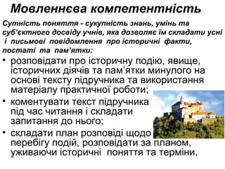 Мовленнєва компетентність
• розповідати про історичну подію, явище,
історичних діячів та пам’ятки минулого на
основі тексту підручника та використання
матеріалу практичної роботи;
• коментувати текст підручника
під час читання і складати
запитання до нього;
• складати план розповіді щодо
перебігу подій, розповідати за планом,
уживаючи історичні поняття та терміни.
Сутність поняття - сукупність знань, умінь та
суб’єктного досвіду учнів, яка дозволяє їм складати усні
і письмові повідомлення про історичні факти,
постаті та пам’ятки:
 