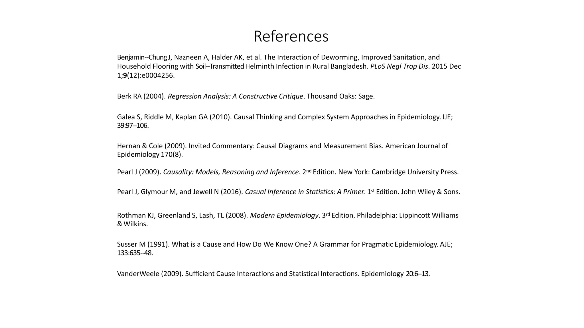 References
Benjamin-‐ChungJ, Nazneen A, Halder AK, et al. The Interaction of Deworming, Improved Sanitation, and
Household Flooring with Soil-‐TransmittedHelminth Infection in Rural Bangladesh. PLoS Negl Trop Dis. 2015 Dec
1;9(12):e0004256.
Berk RA (2004). Regression Analysis: A Constructive Critique. Thousand Oaks: Sage.
Galea S, Riddle M, Kaplan GA (2010). Causal Thinking and Complex System Approaches in Epidemiology. IJE;
39:97-‐106.
Hernan & Cole (2009). Invited Commentary: Causal Diagrams and Measurement Bias. American Journal of
Epidemiology 170(8).
Pearl J (2009). Causality: Models, Reasoning and Inference. 2nd Edition. New York: Cambridge University Press.
Pearl J, Glymour M, and Jewell N (2016). Casual Inference in Statistics: A Primer. 1st Edition. John Wiley & Sons.
Rothman KJ, Greenland S, Lash, TL (2008). Modern Epidemiology. 3rd Edition. Philadelphia: Lippincott Williams
&Wilkins.
Susser M (1991). What is a Cause and How Do We Know One? A Grammar for Pragmatic Epidemiology. AJE;
133:635-‐48.
VanderWeele (2009). Suﬃcient Cause Interactions and Statistical Interactions. Epidemiology 20:6-‐13.
 