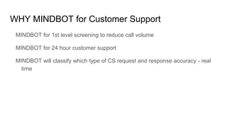 WHY MINDBOT for Customer Support
MINDBOT for 1st level screening to reduce call volume
MINDBOT for 24 hour customer suppor...