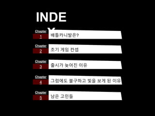 INDE
X1
Chapter
배틀카니발은?
2
Chapter
초기 게임 컨셉
3
Chapter
출시가 늦어진 이유
4
Chapter
그럼에도 불구하고 빛을 보게 된 이유
5
Chapter
남은 고민들
 