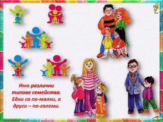 Има различни
типове семейства.
Едни са по-малки, а
други – по-големи.
 