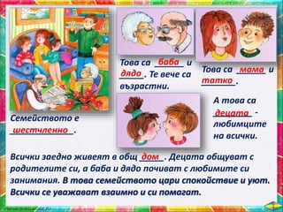 Семейството е
_____________.шестчленно
Това са ______ и
_____. Те вече са
възрастни.
баба
дядо Това са ______ и
_______.
мама
татко
А това са
________ -
любимците
на всички.
децата
Всички заедно живеят в общ _____. Децата общуват с
родителите си, а баба и дядо почиват с любимите си
занимания. В това семейството цари спокойствие и уют.
Всички се уважават взаимно и си помагат.
дом
 