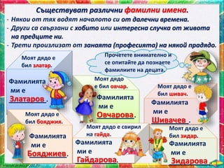 Съществуват различни фамилни имена.
- Някои от тях водят началото си от далечни времена.
- Други са свързани с хобито или интересна случка от живота
на предците ни.
- Трети произлизат от занаята (професията) на някой прадядо.
Прочетете внимателно и
се опитайте да познаете
фамилиите на децата.
Моят дядо е
бил златар.
Фамилията
ми е
__________.Златаров
Моят дядо е
бил бояджия.
Фамилията
ми е
__________.Бояджиев
Моят дядо
е бил овчар.
Фамилията
ми е
__________.Овчарова
Моят дядо е свирил
на гайда.
Фамилията
ми е
___________.Гайдарова
Моят дядо е
бил шивач.
Фамилията
ми е
__________.Шивачев
Моят дядо е
бил зидар.
Фамилията
ми е
___________.Зидарова
 