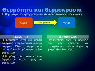 ΘΕΡΜΟΤΗΤΑ
Η θερμότητα είναι μια μορφή
ενέργειας. Ονομάζεται και θερμική
ενέργεια. Είναι η ενέργεια που
ρέει από ένα θερμό σώμα σε ένα
ψυχρότερο.
Η θερμότητα ρέει πάντα από το
θερμόμετρο σώμα προς το
ψυχρότερο,
Θερμοκρασία είναι το μέγεθος
που μας επιτρέπει να
περιγράψουμε πόσο θερμό ή
ψυχρό είναι ένα σώμα.
ΘΕΡΜΟΚΡΑΣΙΑ
Θερμότητα και θερμοκρασία
Η θερμότητα και η θερμοκρασία είναι δύο διαφορετικές έννοιες
Θερμό Θερμότητα Ψυχρό
Επιμέλεια επανάληψης: Χρήστος Χαρμπής σελ.11
 