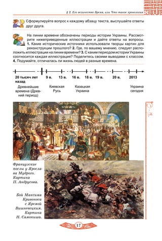 17
§ 2. Его величество Время, или Что такое хронология
Сформулируйте вопрос к каждому абзацу текста, выслушайте ответы
друг друга.
	 На линии времени обозначены периоды истории Украины. Рассмот­
рите нижеприведенные иллюстрации и дайте ответы на вопросы.
1. Какие исторические источники использовали творцы картин для
реконструкции прошлого? 2. Где, по вашему мнению, следует распо-
ложить иллюстрации на линии времени? 3. С каким периодом истории Украины
соотносится каждая иллюстрация? Поделитесь своими выводами с классом.
4. Подумайте, отличалась ли жизнь людей в разные времена.
20 тысяч лет
назад
Древнейшие
времена (Древ-
ний период)
9 в.	 13 в.
Киевская
Русь
16 в.	 18 в.
Казацкая
Украина
19 в. 20 в. 2013
Украина
сегодня
Французские
послы у Яросла-
ва Мудрого.
Картина
П. Андрусова.
Бой Максима
Кривоноса
с Яремой
Вишневецким.
Картина
Н. Самокиша.
 