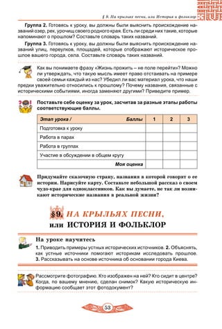 53
§ 9. На крыльях песни, или История и фольклор
Группа 2. Готовясь к уроку, вы должны были выяснить происхождение на-
званий озер, рек, урочищ своего родного края. Есть ли среди них такие, которые
напоминают о прошлом? Составьте словарь таких названий.
Группа 3. Готовясь к уроку, вы должны были выяснить происхождение на-
званий улиц, переулков, площадей, которые отображают историческое про-
шлое вашего города, села. Составьте словарь таких названий.
	 Как вы понимаете фразу «Жизнь прожить – не поле перейти»? Можно
ли утверждать, что такую мысль имеет право отстаивать на примере
своей семьи каждый из нас? Убедил ли вас материал урока, что наши
предки уважительно относились к прошлому? Почему названия, связанные с
историческими событиями, иногда заменяют другими? Приведите пример.
Поставьте себе оценку за урок, засчитав за разные этапы работы
соответствующие баллы.
Этап урока / Баллы 1 2 3
Подготовка к уроку
Работа в парах
Работа в группах
Участие в обсуждении в общем кругу
Моя оценка
Придумайте сказочную страну, названия в которой говорят о ее
истории. Нарисуйте карту. Составьте небольшой рассказ о своем
чудо-крае для одноклассников. Как вы думаете, не так ли возни-
кают исторические названия в реальной жизни?
§9. НА КРЫЛЬЯХ ПЕСНИ,
или ИСТОРИЯ И ФОЛЬКЛОР
На уроке научитесь
1. Приводить примеры устных исторических источников. 2. Объяснять,
как устные источники помогают историкам исследовать прошлое.
3. Рассказывать на основе источника об основании города Киева.
Рассмотрите фотографию. Кто изображен на ней? Кто сидит в центре?
Когда, по вашему мнению, сделан снимок? Какую историческую ин-
формацию сообщает этот фотодокумент?
 