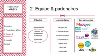 2. Equipe & partenaires
Sommaire
1. Présentation & Pitch
2. Equipe &
partenaires
3. Impacts
Contact
L’équipe Les volontaires Les partenaires
3 développeurs
2 experts en
accessibilité
numérique
1 graphiste
1 Expert RH
1 Architecte web
1 Communication
3 Entrepreneurs
1 Vente B2B
1 Avocate
1 Consultant
 
