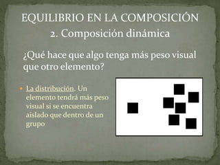 La distribución. Un
elemento tendrá más peso
visual si se encuentra
aislado que dentro de un
grupo
EQUILIBRIO EN LA COMPOSICIÓN
2. Composición dinámica
¿Qué hace que algo tenga más peso visual
que otro elemento?
 