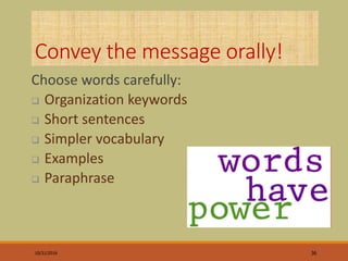 Convey the message orally!
Choose words carefully:
 Organization keywords
 Short sentences
 Simpler vocabulary
 Exampl...