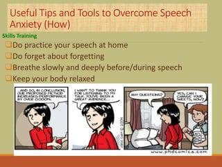 Useful Tips and Tools to Overcome Speech
Anxiety (How)
Skills Training
Do practice your speech at home
Do forget about f...