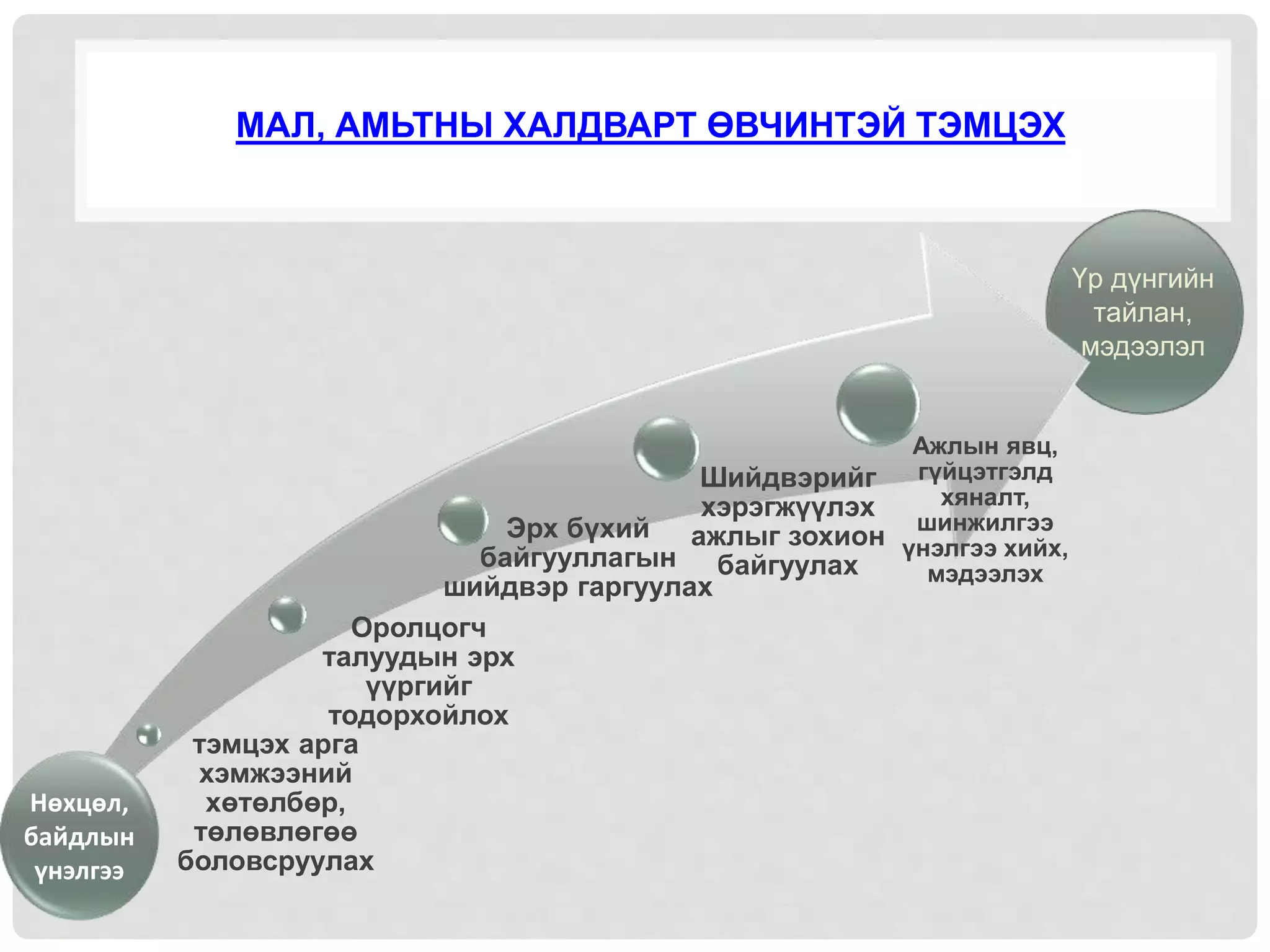 МАЛ, АМЬТНЫ ХАЛДВАРТ ӨВЧИНТЭЙ ТЭМЦЭХ
тэмцэх арга
хэмжээний
хөтөлбөр,
төлөвлөгөө
боловсруулах
Оролцогч
талуудын эрх
үүргийг
тодорхойлох
Эрх бүхий
байгууллагын
шийдвэр гаргуулах
Шийдвэрийг
хэрэгжүүлэх
ажлыг зохион
байгуулах
Ажлын явц,
гүйцэтгэлд
хяналт,
шинжилгээ
үнэлгээ хийх,
мэдээлэх
Нөхцөл,
байдлын
үнэлгээ
Үр дүнгийн
тайлан,
мэдээлэл
 