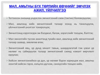 МАЛ, АМЬТНЫ БҮХ ТӨРЛИЙН ӨВЧНИЙГ ЭМЧЛЭХ
АЖИЛ, ҮЙЛЧИЛГЭЭ
Тогтоосон оношид үндэслэн эмчилгээний схем (тактик) боловсруулах;
Мал, амьтанд хийх эмчилгээний талаар эзэнд нь танилцуулж,
үйлчилгээний үнэлгээг тохиролцох;
Эмчилгээнд хэрэглэгдэх эм бэлдмэл, багаж, хэрэгслийг тооцож, бэлтгэх;
Мал эмнэлгийн туслах ажилтанд тухайн мал, амьтанд хийх эмчилгээний
талаар заавар, зөвлөгөө өгөх;
Эмчилгээний явц, үр дүнд хяналт тавьж, шаардлагатай гэж үзвэл үр
нөлөөг нь сайжруулах талаар эмчилгээний схемд нэмэлт өөрчлөлт
оруулах;
Хийсэн эмчилгээнийхээ үр дүн, үр нөлөөг бүрэн хариуцаж мал, амьтны
эзэнтэй хийсэн гэрээ, хэлцлээ дүгнэж, санхүүгийн тооцоо хийх.
 