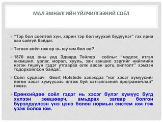МАЛ ЭМНЭЛГИЙН ҮЙЛЧИЛГЭЭНИЙ СОЁЛ
 “Тэр бол соёлтой хүн, харин тэр бол муухай бүдүүлэг” гэх яриа
хаа сайгүй байдаг.
 Тэгвэл соёл гэж ер нь юу юм бол оо?
 1870 аад оны үед Эдвард Тейлор соёлыг “мэдлэг, итгэл
үнэмшил, урлаг, морал, хууль, зан заншил зэргийг нийгмийн
нэгэн гишүүн гэдэг утгаараа олж авсан цогц ойлголт” хэмээн
тодорхойлсон байдаг.
 Соёл судлаач Geert Hofstede хэлэхдээ “нэг хэсэг хүмүүсийг
нөгөө хэсэг хүмүүсээс ялгаж буй сэтгэлгээний программчлал”
гэжээ.
Ерөнхийдөө соёл гэдэг нь хэсэг бүлэг хүмүүс бүгд
хүлээн зөвшөөрч, амьдрах загвар болгон
бүрэлдүүлсэн үнэ цэнэ болон нормын систем юм гэж
үзэж болох юм.
 