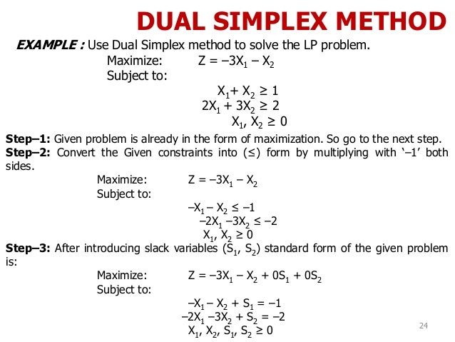 Solve method. Simplex method. Simplex method explained. Dual Simplex algorithm Step by Step. Solve examples.