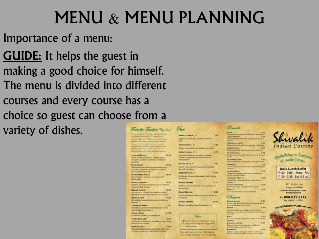 Menu, its types and menu planning