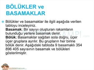 BÖLÜKLER ve
BASAMAKLAR
 Bölükler ve basamaklar ile ilgili aşağıda verilen
tabloyu inceleyiniz.
Basamak; Bir sayıyı oluşturan rakamların
bulunduğu yerlere basamak denir.
Bölük; Basamaklar sağdan sola doğru, üçer
üçer gruplara ayrılır. Bu grupların her birine
bölük denir. Aşağıdaki tabloda 9 basamaklı 354
896 405 sayısının basamak ve bölükleri
gösterilmiştir.
 