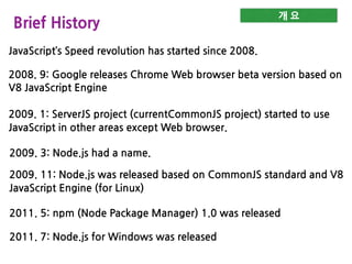 개 요
Brief History
JavaScript’s Speed revolution has started since 2008.
2008. 9: Google releases Chrome Web browser beta version based on
V8 JavaScript Engine
2009. 1: ServerJS project (currentCommonJS project) started to use
JavaScript in other areas except Web browser.
2009. 11: Node.js was released based on CommonJS standard and V8
JavaScript Engine (for Linux)
2011. 5: npm (Node Package Manager) 1.0 was released
2011. 7: Node.js for Windows was released
2009. 3: Node.js had a name.
 