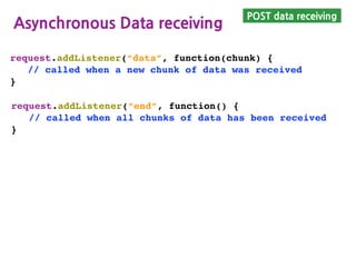View Logic
View logic for POST
//start function in requestHandlers.js (version 2)
function start(response) {
console.log(“Request handler ‘start’ was called”);
var body = “<html><head><title>First View</title>”+
“<meta charset=‘UTF-8’></head><body>“ +
“로그인</br>”+
“<form action=‘/hello’ method=‘post’>” +
“id: <input type=‘text’ name=‘id’></input>”+
“ <input type=‘submit’ value=‘login’/></br>”+
“pw: <input type=‘text’ name=‘pw’></input>”+
“</form></body></html>”;
response.writeHead(200, {“Content-Type”:”text/html”});
response.write(body);
response.end();
}
 