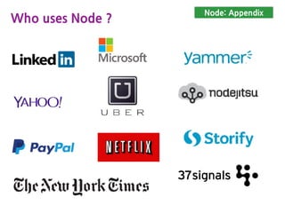 Pass POST data to the Client
Request handler with POST
function hello(response, postData) {
console.log(“Request handler ‘hello’ was called”);
var out = “To “ + querystring.parse(postData)[“id”];
response.writeHead(200, {“Content-Type”:”text/plain”});
response.write(out);
response.write(“</br> Welcome to this World”);
response.end();
}
//requestHandlers.js (version 3)
 