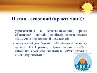 II етап - основний (практичний):
- упровадження в освітньо-виховний процес
ефективних методів і прийомів по розширенню
знань учнів про родину, її походження;
- консультації для батьків: «Особливості розвитку
дитини 10-11 років», «Права дитини в сім'ї»,
«Помилки сімейного виховання», «Роль батька в
сімейному вихованні;
 