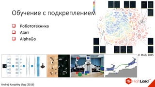 Обучение	с	подкреплением
q Робототехника
q Atari
q AlphaGo
Andrej	Karpathy	blog	(2016)
V.	Mnih 2015
 