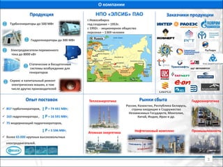 Турбогенераторы до 500 МВт
Гидрогенераторы до 300 МВт
Электродвигатели переменного
тока до 8000 кВт
Статические и бесщеточные
системы возбуждения для
генераторов
Сервис и капитальный ремонт
электрических машин, в том
числе других производителей
Россия, Казахстан, Республика Беларусь,
страны входящие в Содружество
Независимых Государств, Монголия,
Китай, Индия, Иран и др.
3
 857 турбогенераторов, ∑ Р = 74 441 МВт;
 163 гидрогенератора , ∑ Р = 16 591 МВт;
 75 модернизаций гидрогенераторов,
∑ Р = 5 596 МВт;
 более 65 000 крупных высоковольтных
электродвигателей.
Продукция Заказчики продукции
Рынки сбытаОпыт поставок
НПО «ЭЛСИБ» ПАО
г.Новосибирск
год создания – 1953г.
с 1992г. - акционерное общество
персонал – 1369 человек
Атомная энергетика Нефтегазовый комплекс
Теплоэнергетика Гидроэнергетика
Промышленность
О компании
 