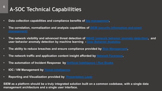 • Data collection capabilities and compliance benefits of log management,
• The correlation, normalization and analysis capabilities of SIEM (security information and event
management)
• The network visibility and advanced threat detection of NBAD (network behavior anomaly detection), and
user behavior anomaly detection by machine learning - User Behavior Analytics
• The ability to reduce breaches and ensure compliance provided by Risk Management,
• The network traffic and application content insight afforded by Network Forensics.
• The automation of Incident Response by Artificial Intelligence / Run Books
• IOC / VM Management by Threat Intelligence
• Reporting and Visualization provided by Presentation Layer
SIEM as a platform should be a truly integrated solution built on a common codebase, with a single data
management architecture and a single user interface.
6
A-SOC Technical Capabilities
 