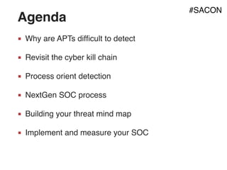 Agenda
■ Why are APTs difﬁcult to detect
■ Revisit the cyber kill chain
■ Process orient detection
■ NextGen SOC process
■...