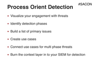 Process Orient Detection
■ Visualize your engagement with threats
■ Identify detection phases
■ Build a list of primary issues
■ Create use cases
■ Connect use cases for multi phase threats
■ Burn the context layer in to your SIEM for detection
#SACON
 